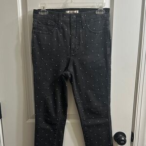 Madewell Black 10” High Rise Skinny Jeans with Gold Polka Dot Embroidery
